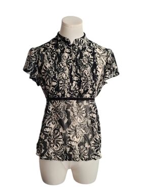 Emma James Black White Sheer Lightweight Floral High Neck Blouse Size 6 Petite